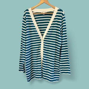 Women Striped Long Coldwater Creek Teal and Ivory‎ Cardigan Sweater-Size L (14)